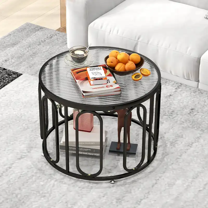 Gymax 2-Tier 24 Round Coffee Table w/ Oval Swivel Brackets & Reeded