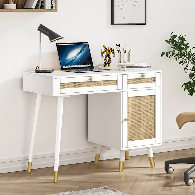 Computer Desk with 2 Drawers Modern Rattan Home Office Desk with File Cabinet