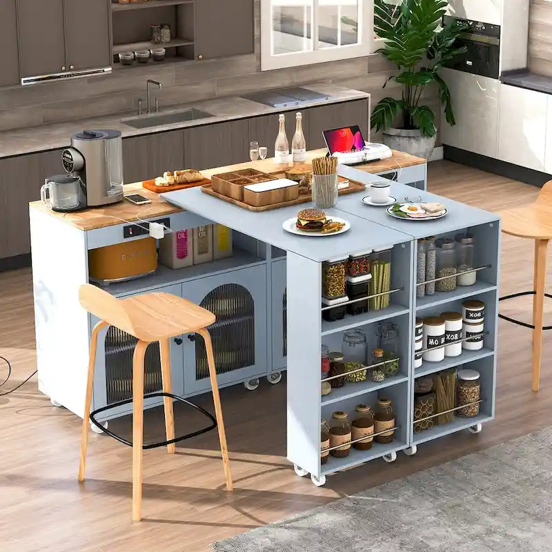 56.3 in. W Kitchen Island with Extended Table, LED Lights and Side 3 Open Shelves