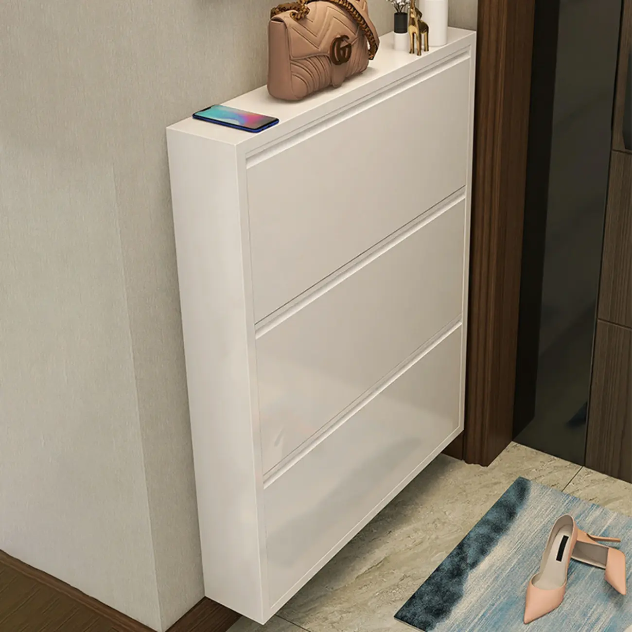 Gloss Black Wall Mounted Wooden Slim Drop Front Shoe Cabinet