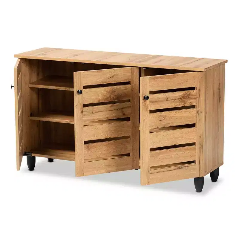 Gisela Wood 3 Door Cabinet Oak Brown/Black - Baxton Studio: Nautical Style, 6 Fixed Shelves, Wood Frame