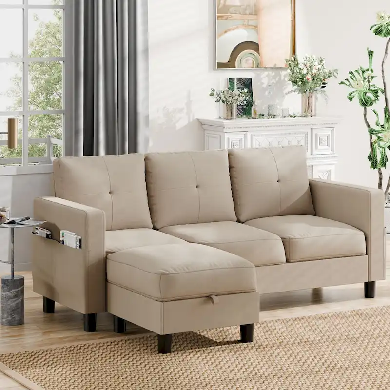 Futzca Linen Upholstered L-shaped Sectional Sofa w/ Reversible Chaise