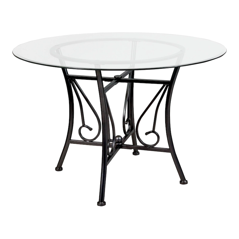 45 Round Glass Dining Table with Curl Accent Matte Metal Frame - 45W x 45D x 29H - 45W x 45D x 29H