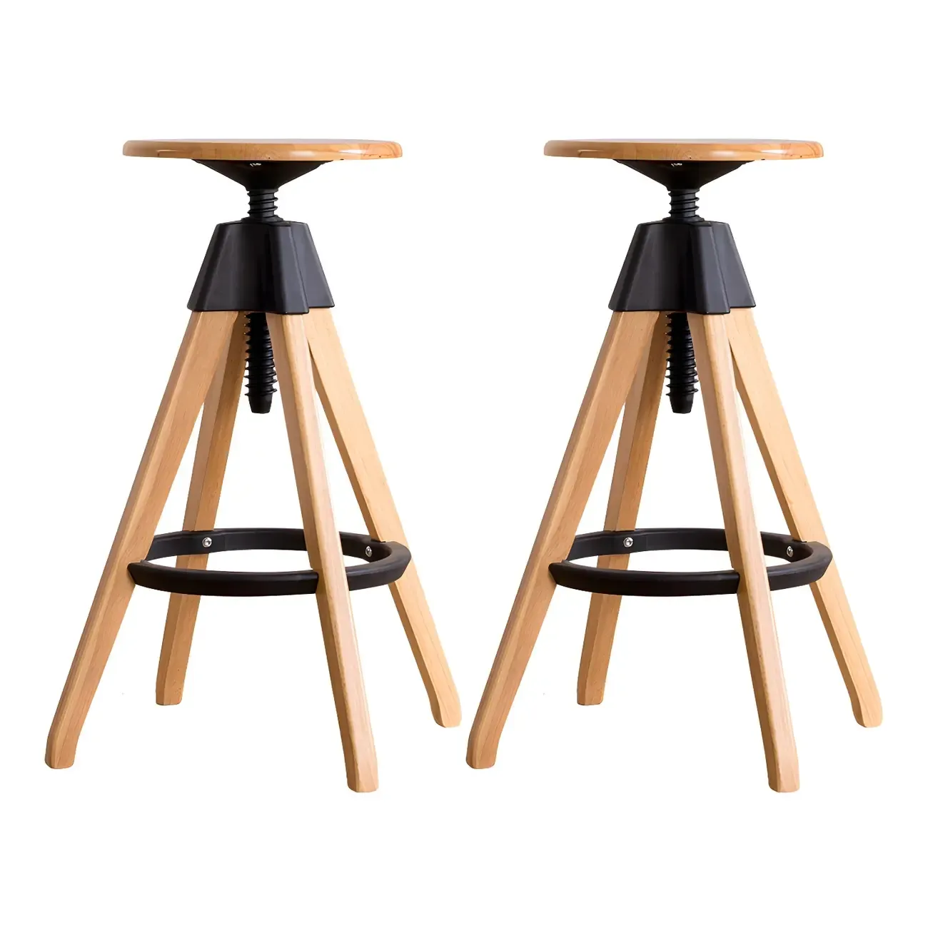 Adjustable Brown Wooden Swivel Backless Bar Stools