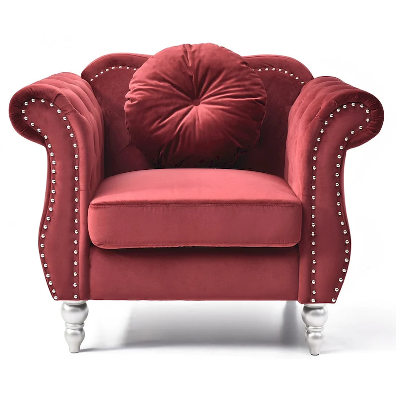 Hollywood Chesterfield Tufted Velvet Accent Chair with Round Throw Pillow - 39L x 35W x 34H