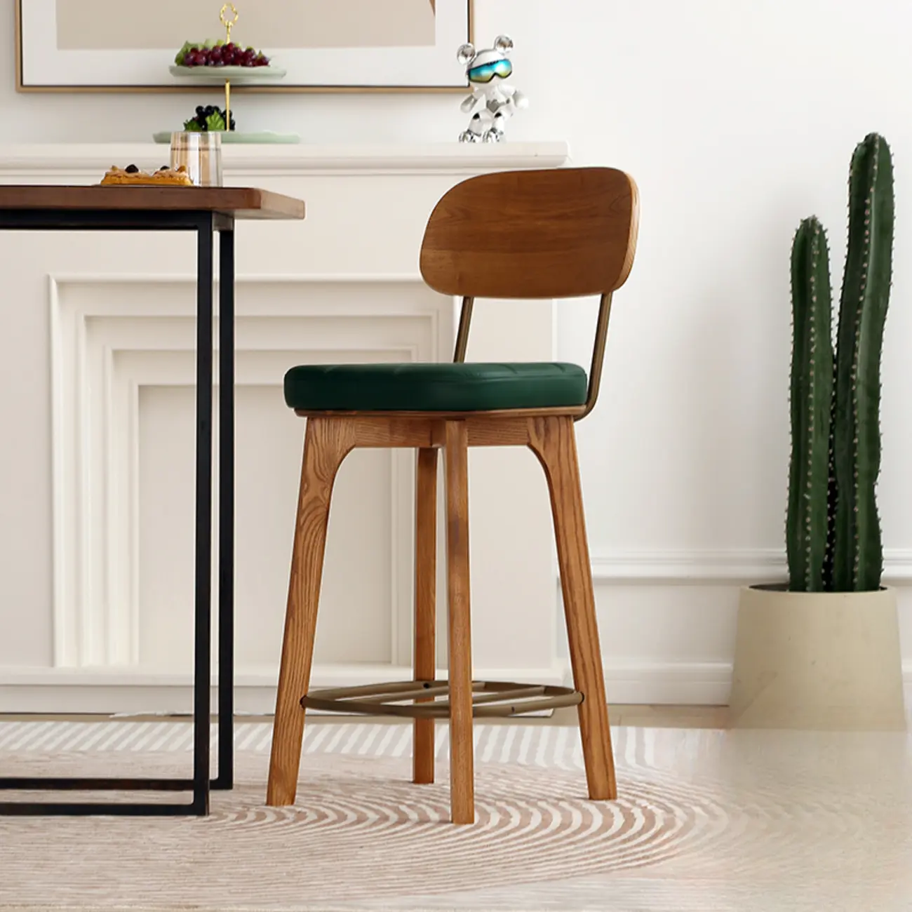 Wooden Square Leather Upholstered Bar Stool with Backrest