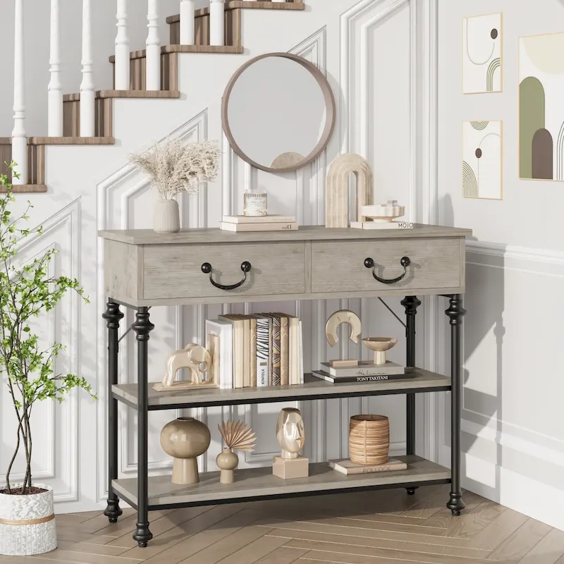Small Entryway Table with 2 Drawers, Narrow Console Table with Storage Shelves for Living Room
