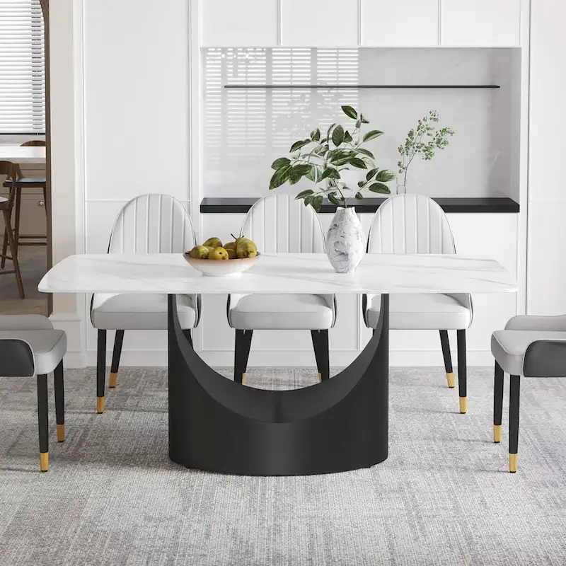 71 Black Marble Sintered Stone Table Top,Rectangle Dining Room Table with Unique U-Shape Black Carbon Steel Pedestal