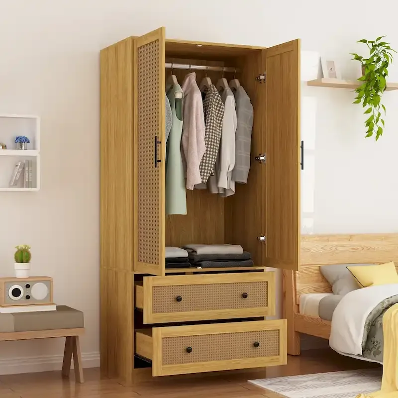 Wood Wardrobe - 2 Doors, 2 Drawers, Hanging Rod, 31.4W x 70.9H, Storage Organizer