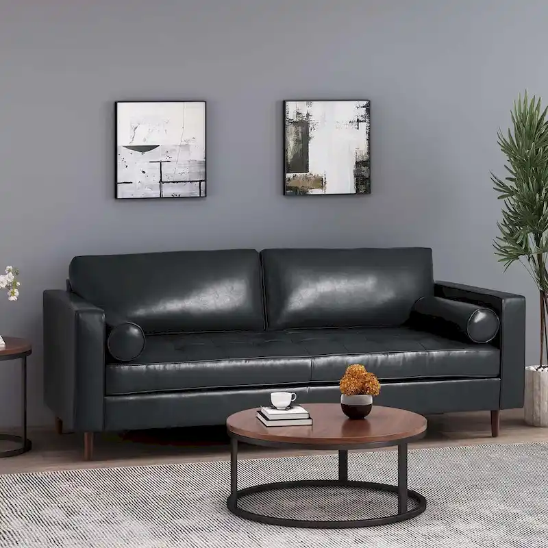 Modern 82.25 Faux Leather 3-Seater Sofa with Wood Legs