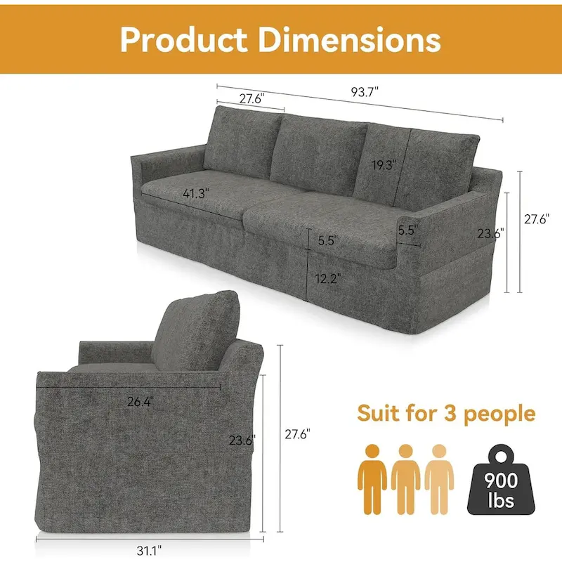 93 Modern 3-Seater Sofa Couch with Deep Seats and Removable Slipcover