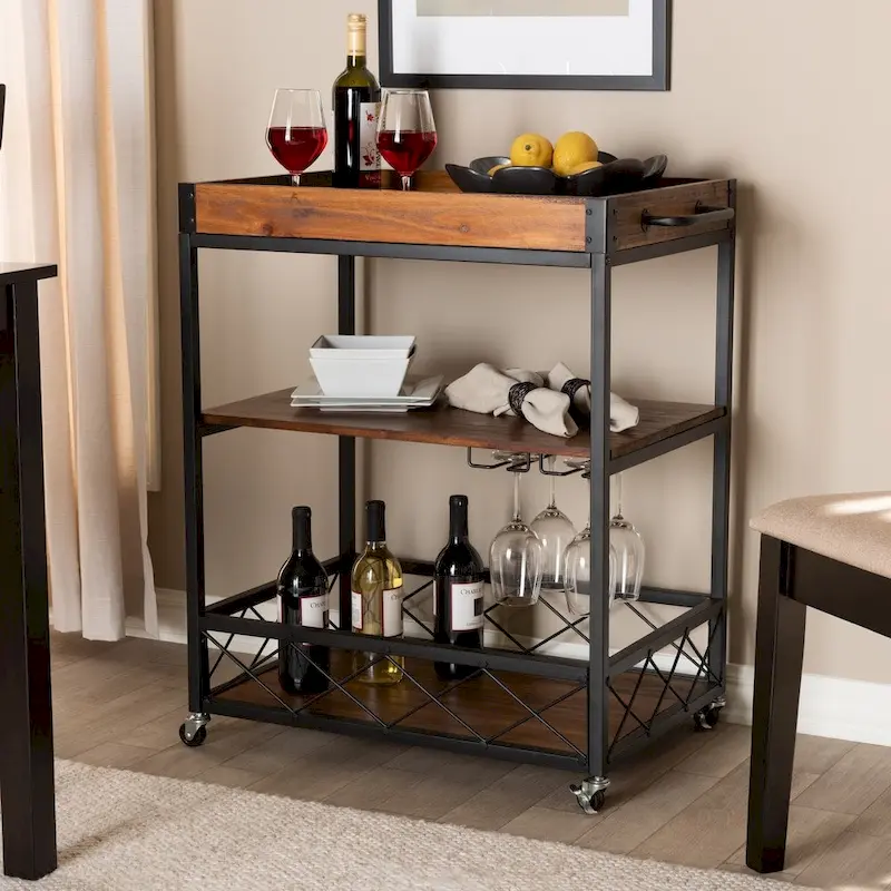 Industrial Oak Brown Bar Cart with Stemware Rack