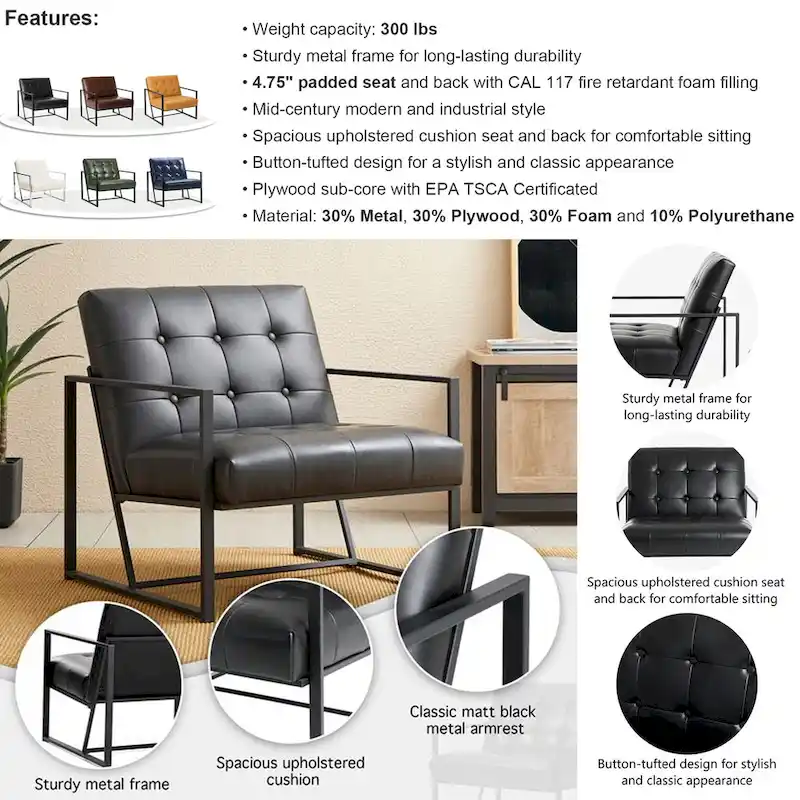 Glitzhome Set of 2 29.25W Mid-Century PU Leather Tufted Accent Chairs