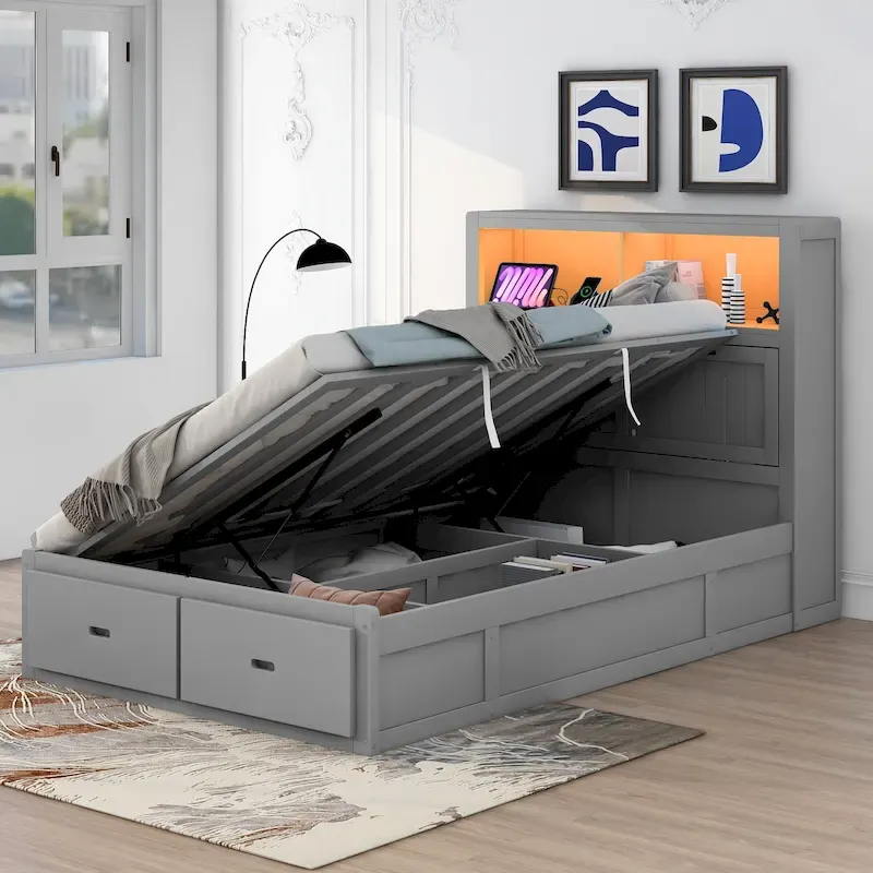 Gray Full Size Wooden Bed with LED Headboard, Charging Station, 2 Drawers