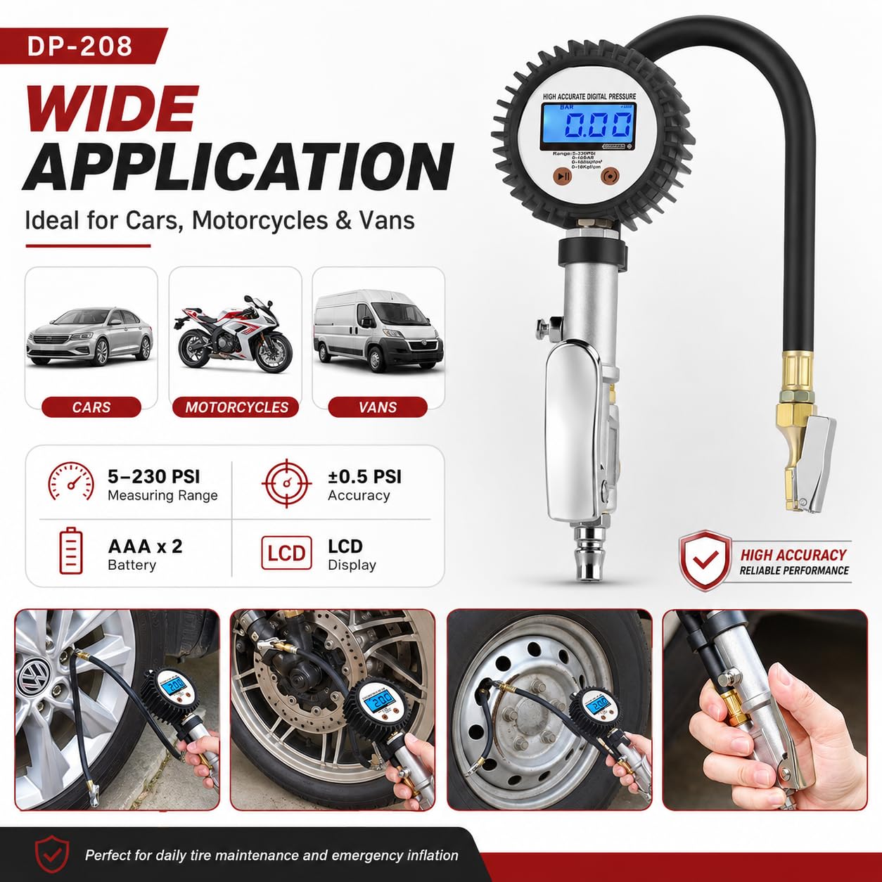 SEAPENG DP-208 Digital Tire Inflator Gauge, 5-230 PSI for cars, trucks, RVs and garages