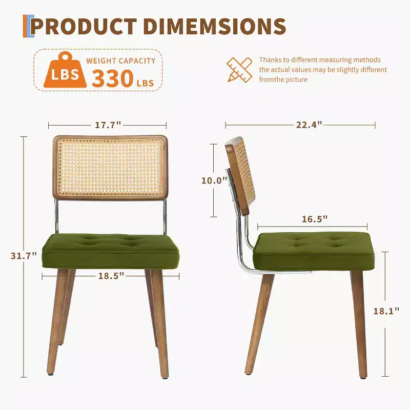 Modern Dining Chairs Set of 2, Upholstered Natural Rattan Kitchen Chairs Accent Chair, Armless Side Chairs with Upholstered Velvet Fabric