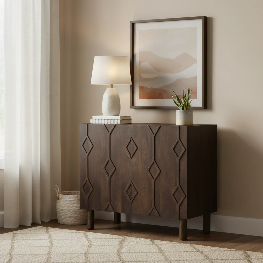 Dark Brown Diamond Motif w/ Shelf Accent Cabinet - 36.0L x 16.3W x 32.0H