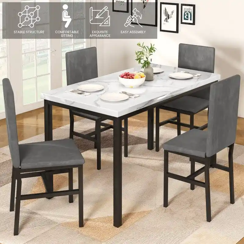 Grondin Modern Style Faux Marble Top 5-Piece Casual Dining Set with 4 Velvet Upholstered Dining Chairs