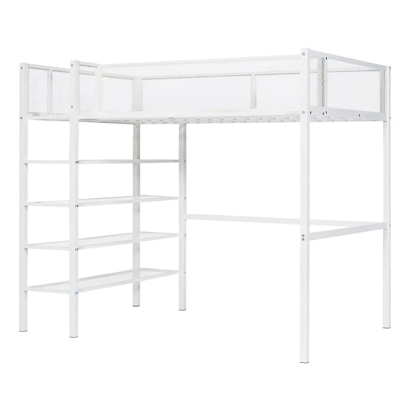 White Twin Metal Loft Bed with Shelves, Workstation, Guardrail