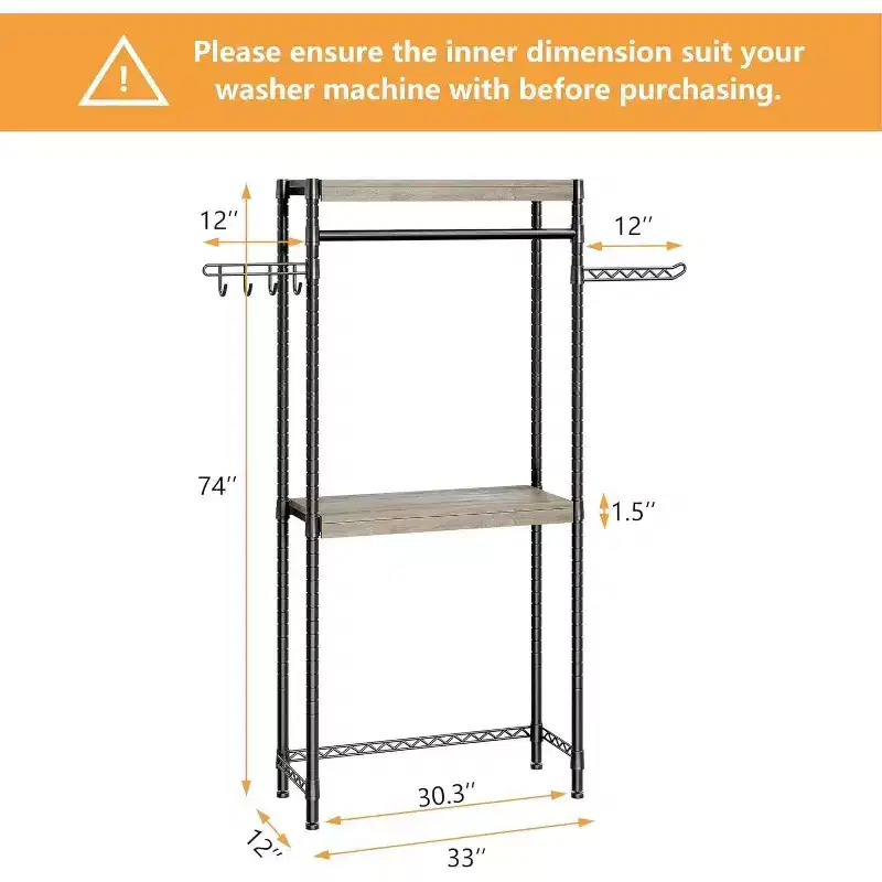 Acekool 30 Adjustable Laundry Organizer - 4-Tier Storage Shelf with Drying Hooks (Gray/Black)