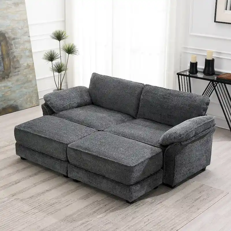4 Seat Upholstered Free Combination Modular Convertible Sectional Sofa Bed Set, Deep-Seat,Ottoman,Grey