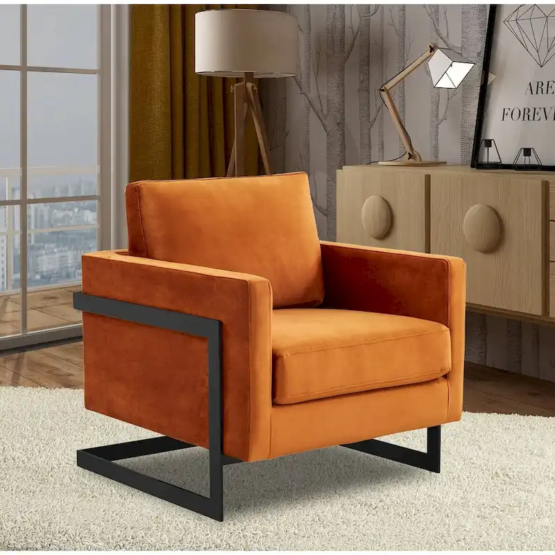 LeisureMod Lincoln Modern Velvet Arm Chair with Black Steel Frame - 35