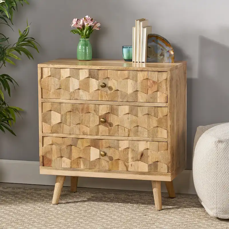 Natural Brown Mango Wood 3-Drawer Chest with 3D Weave