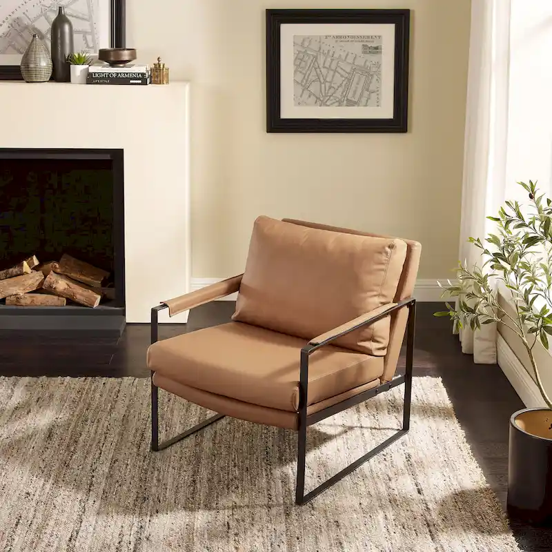 Mid-Century Leather Accent Chair, Brown/Khaki, Metal Frame, Seats 1