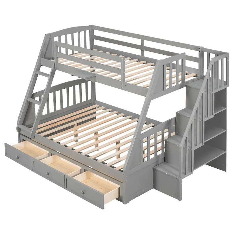 Twin-Over-Full Bunk Bed with Drawers_Ladder and Storage Staircase, Espresso