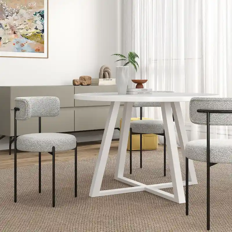 5-Piece Round Dining Set, Trestle Dining Table with 4 Boucle Chairs