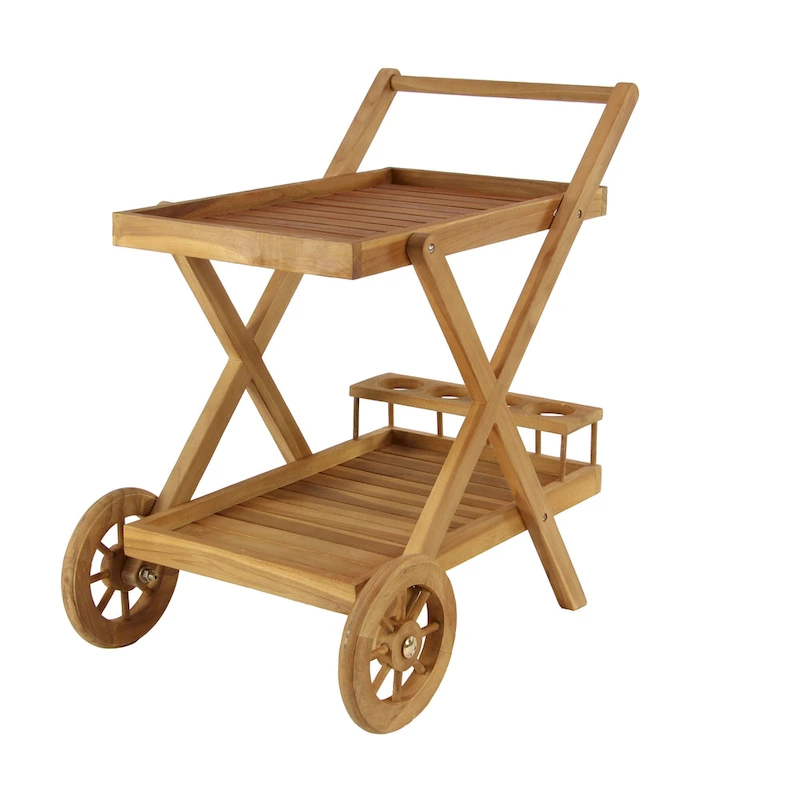 Teak Wood Indoor Outdoor Rolling 2 Shelves Bar Cart with Wheels and Handle - Brown - Roche River Decor - 21W x 32L x 32H