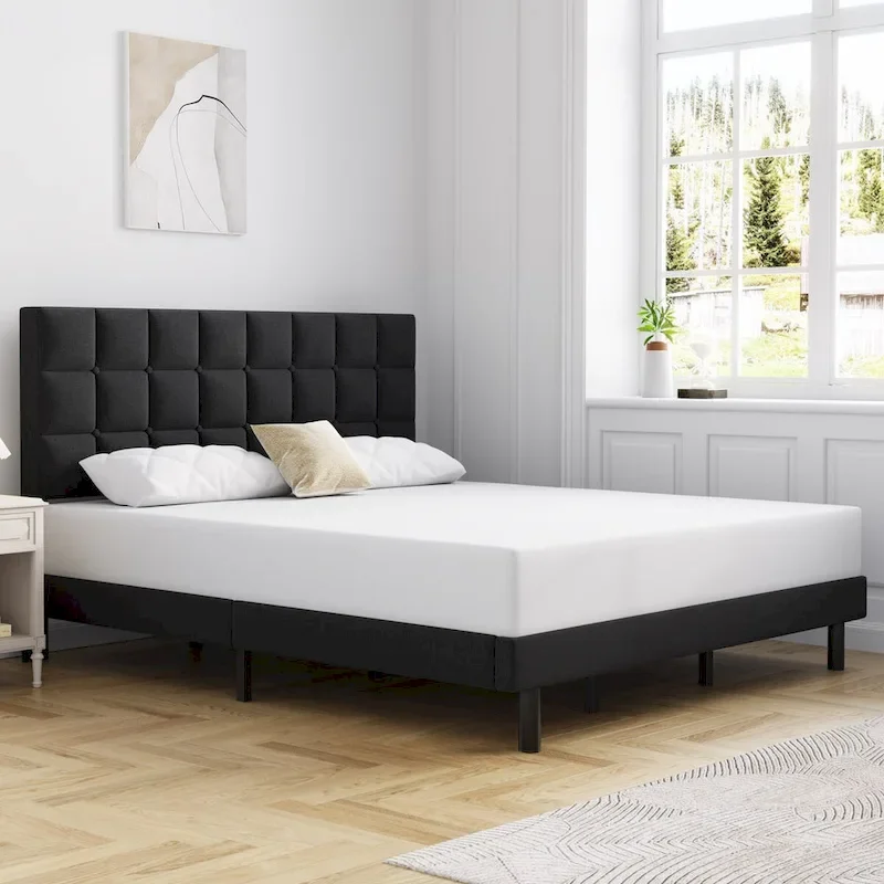 Bed Frame with Upholstered Headboard, Gray Metal Frame Wooden Slats Support.