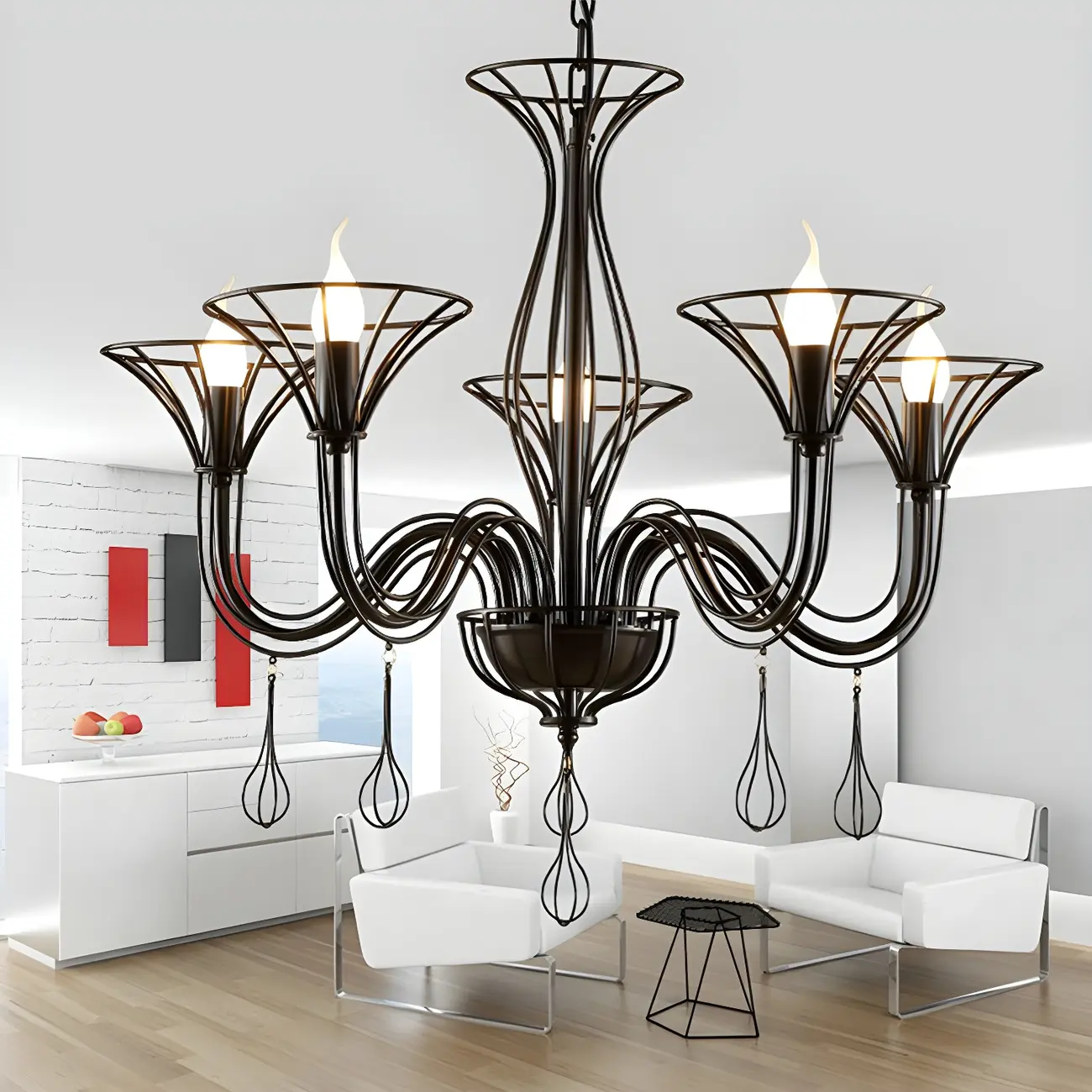 Black Metal Curved Design Modern Chandelier Fixture