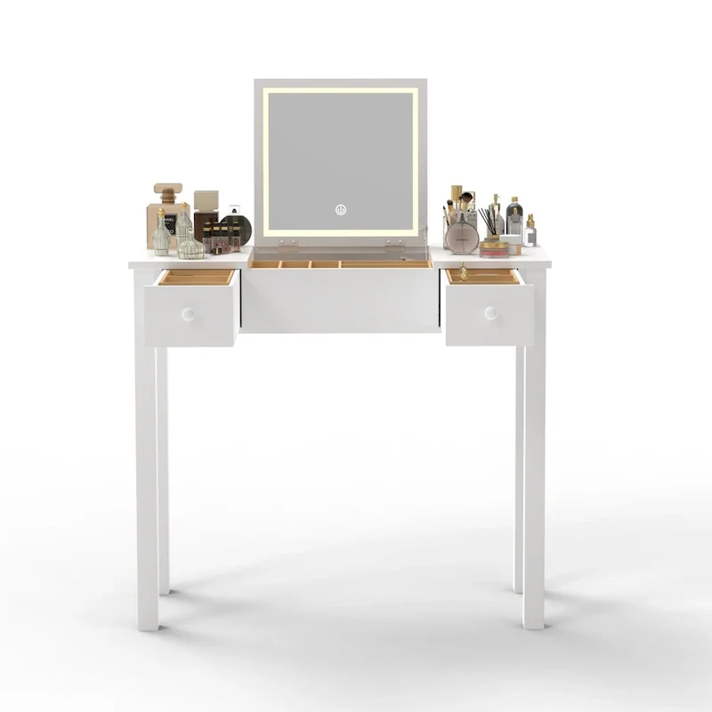 Sleek Vanity Table with LED Lights, Flip-Top Mirror and 2 Drawers, Jewelry Storage for Women Dressing