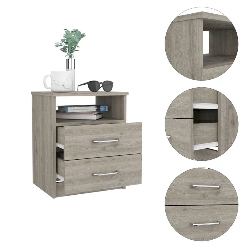 2-Drawer Nightstand with Open Shelf – Black / Dark Brown / Light Oak / White / Light Gray