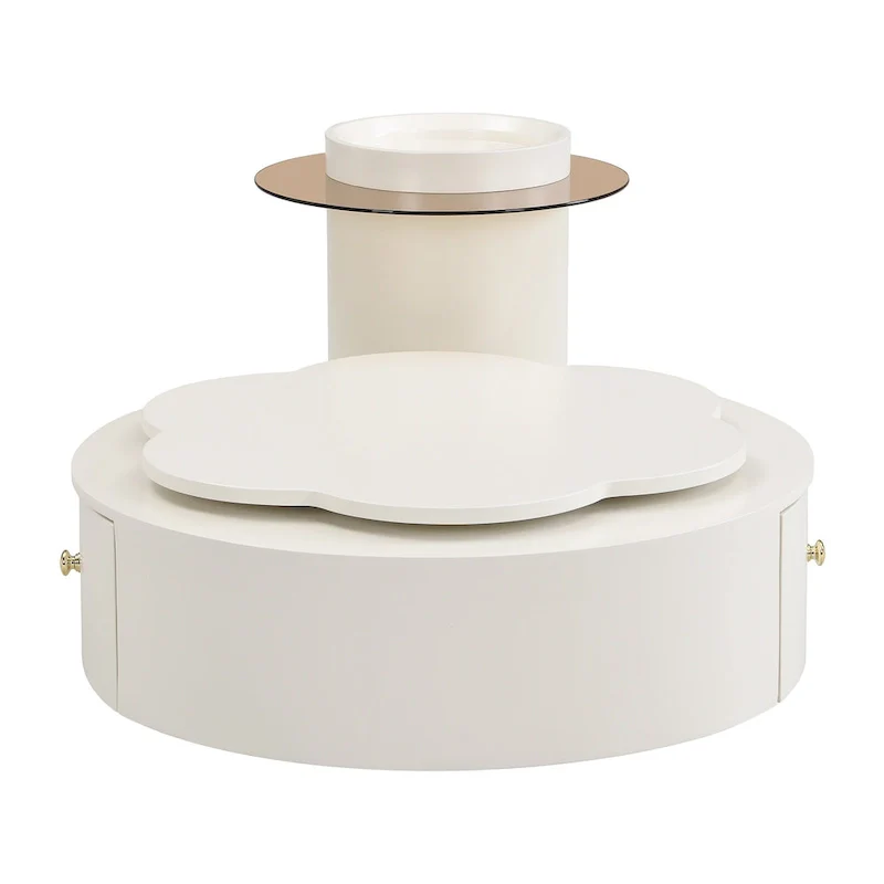 Modern Round Coffee Table Set of 2, 360-Degree Rotatable Flower-shaped Top with 2 Drawers, Top Circle Side Table with Glass