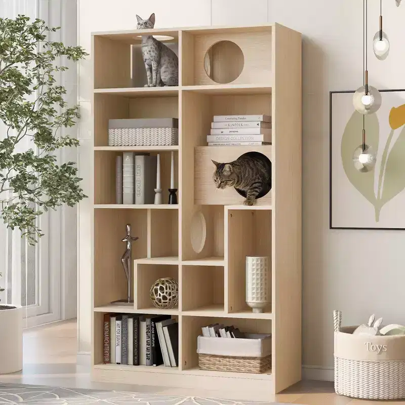 Okak Modern Bookshelf with Cat Litter Box, Display Case with Cat Climbing Shelf, 2 in 1 Bookcase for Living Room, Bedroom, Natural