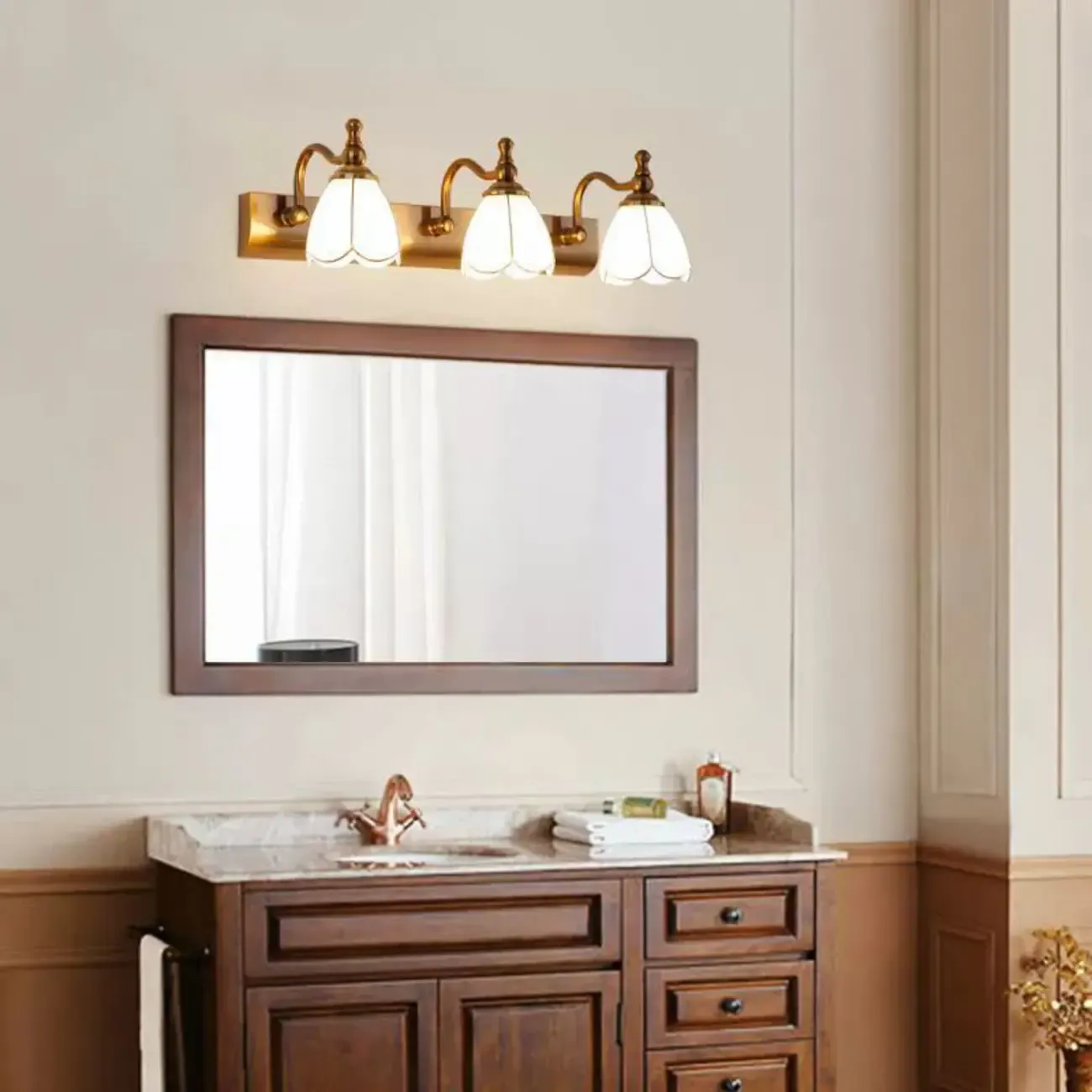 Elegant Gold Bathroom Vanity Light Frosted Floral Glass Shade