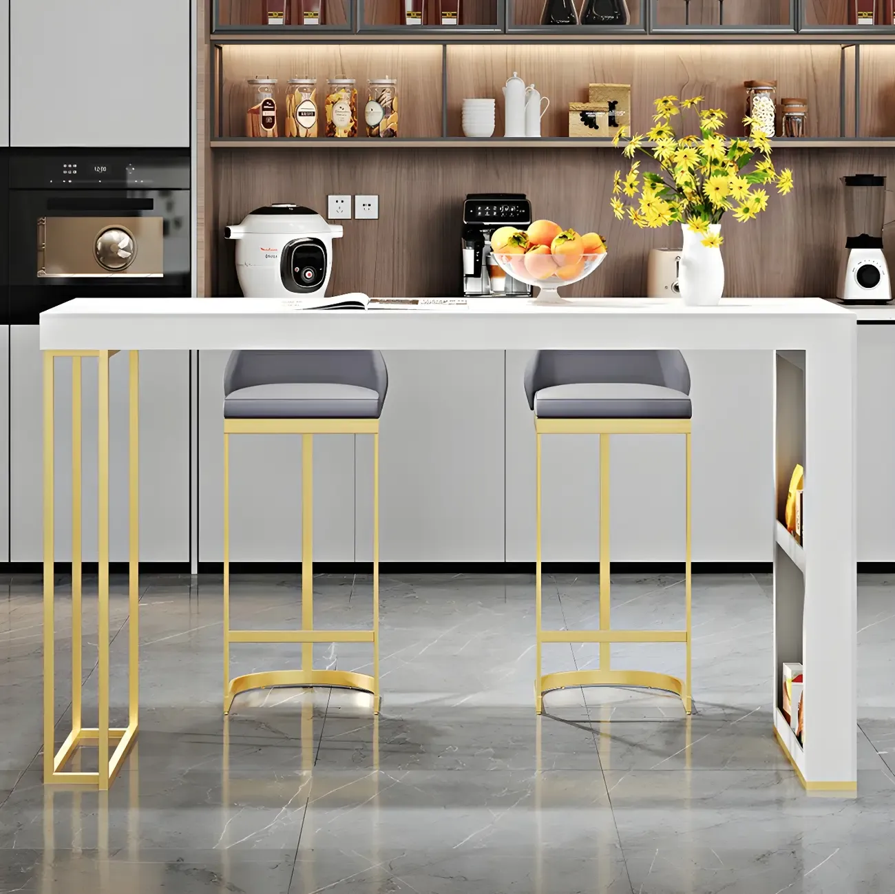 Modern White Stone Gold Metal Bar Table with Storage