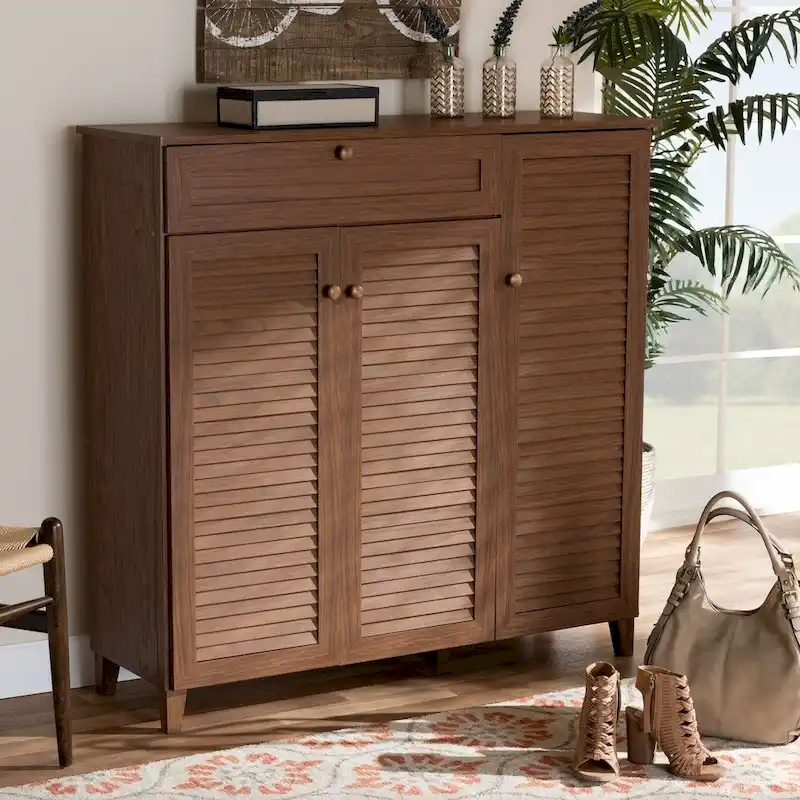 Contemporary 11-shelf Wood Shoe Storage Cabinet with Drawer