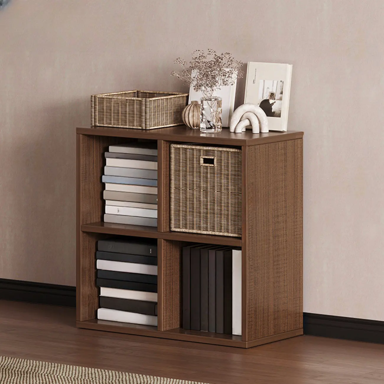 Simple Walnut 8-Cube Wood Bookcase