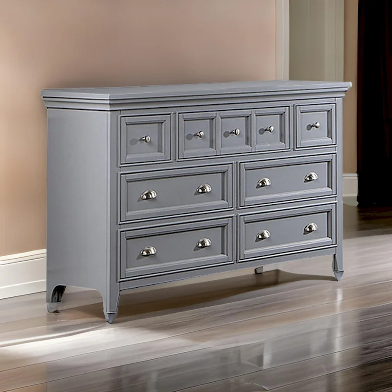 Cile 56 Inch Dresser, 7 Gliding Drawers, Gray Wood, Round Nickel Handles