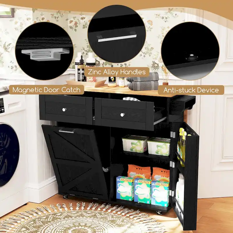Drop-Leaf Rolling Kitchen Island Cart with Trash Cabinet & Storage – Black / White, Single