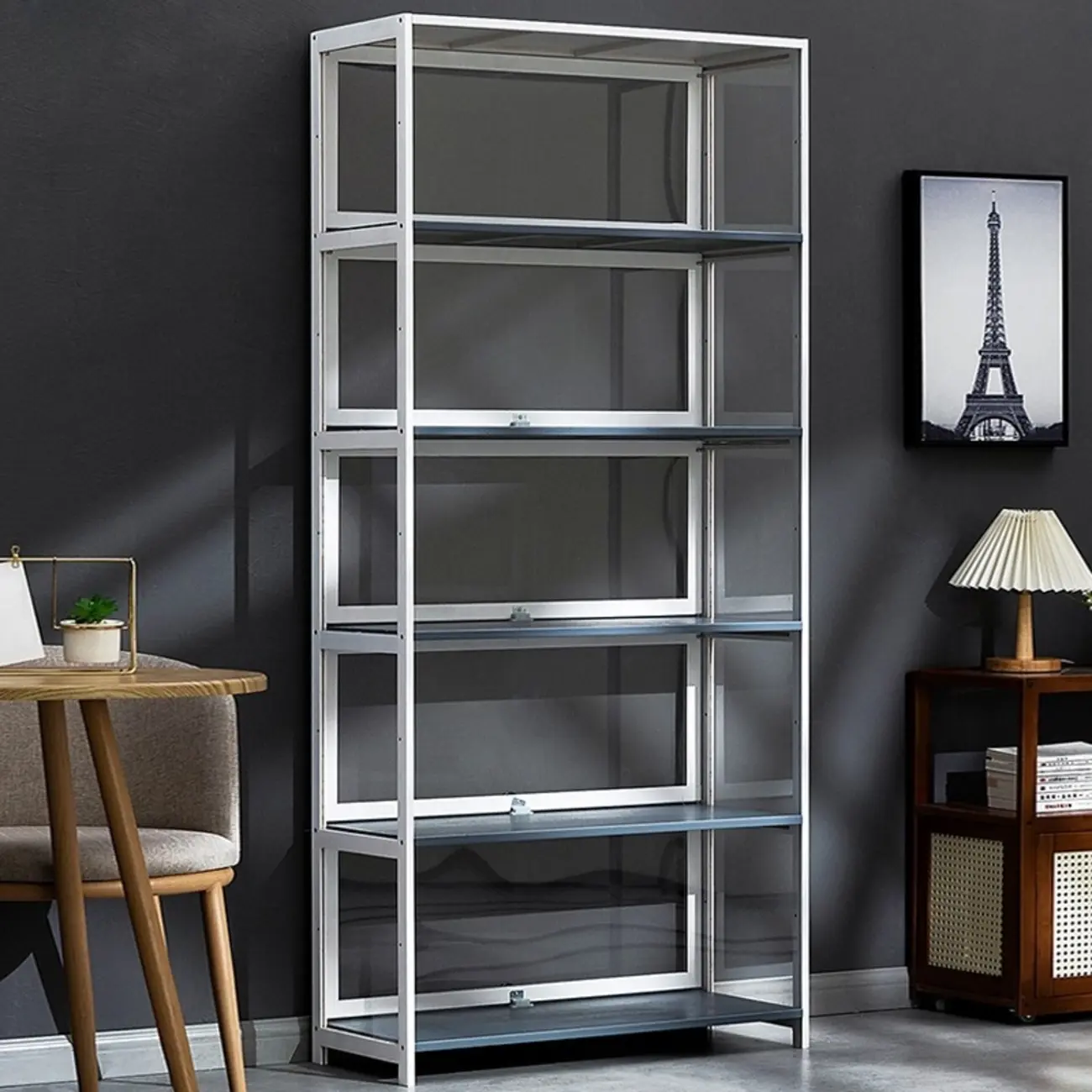 Modern White Bamboo Flip-Up Glass Display Cabinet