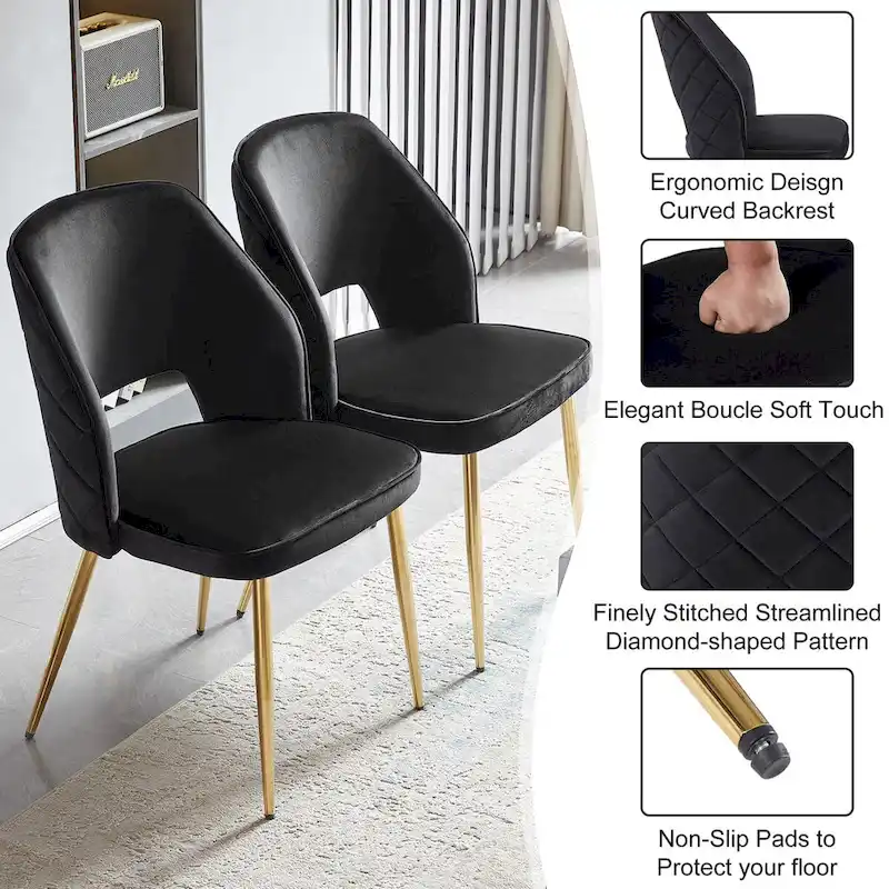 Black Velvet Dining Chairs with Metal Legs and Hollow Back Upholstered Dining Chairs Set of 4