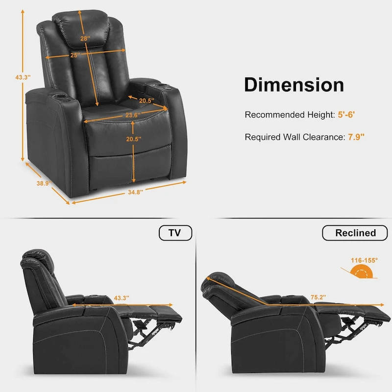 MCombo Power Recliner Chair, Home Theater Seating with Adjustable Headrest and Tray Table, Breathable Leather HTS422