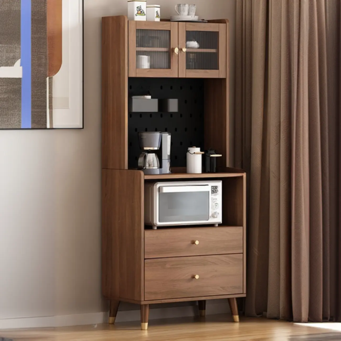 Compact Wooden Brown 2-Drawer Tall Sideboard with Hutch