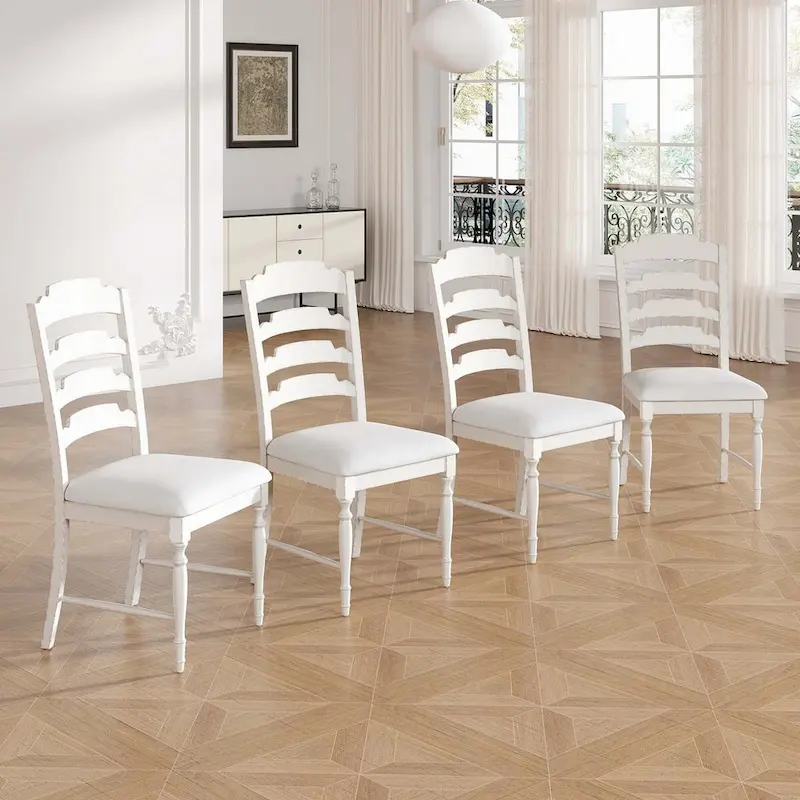 Vintage Traditional 4-Piece Upholstered Dining Chairs, Serrated Dining Backs,Cream