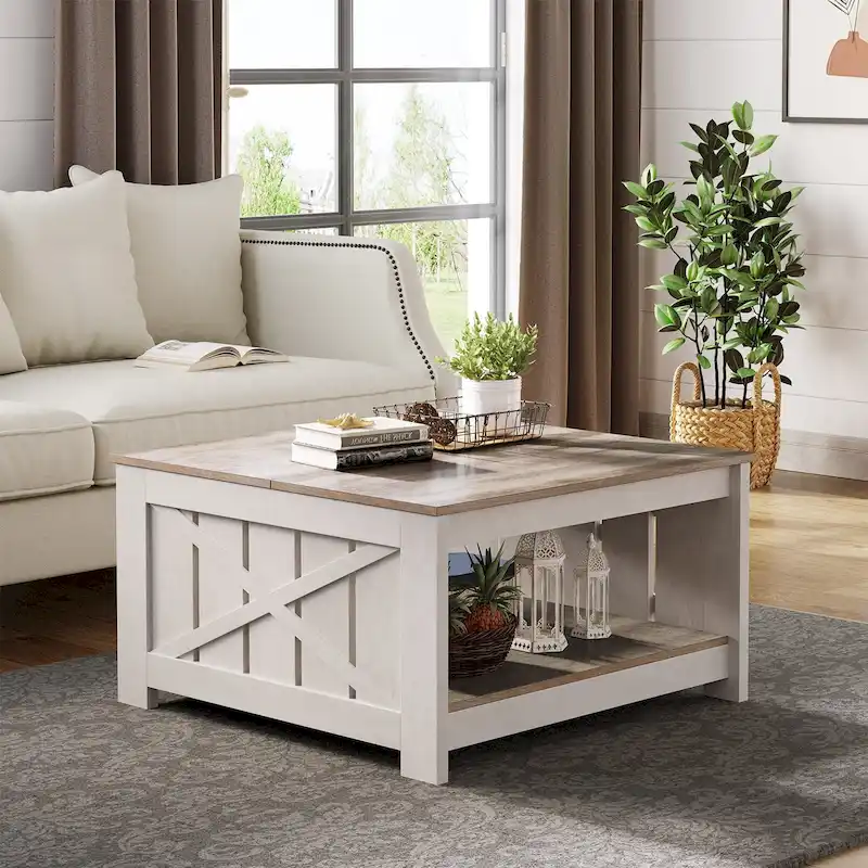 Modern Rustic Square Wood Coffee Table with Storage