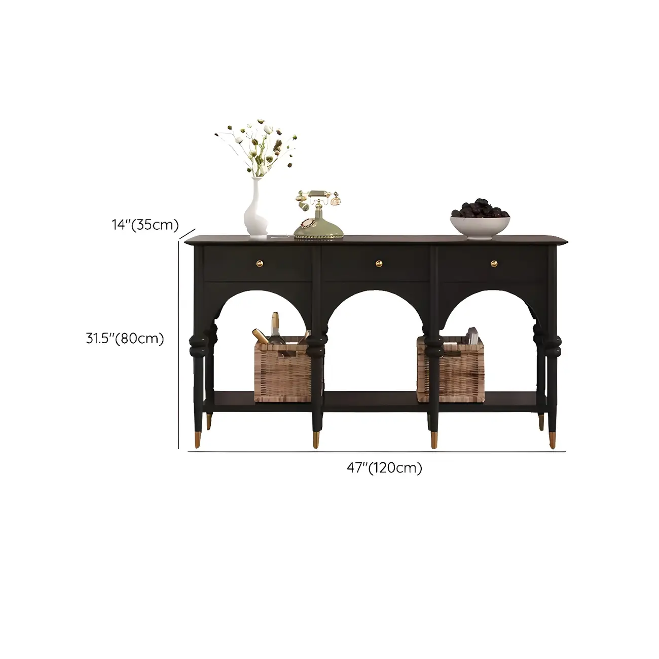 Rectangular Black Wood Console Table with Drawers